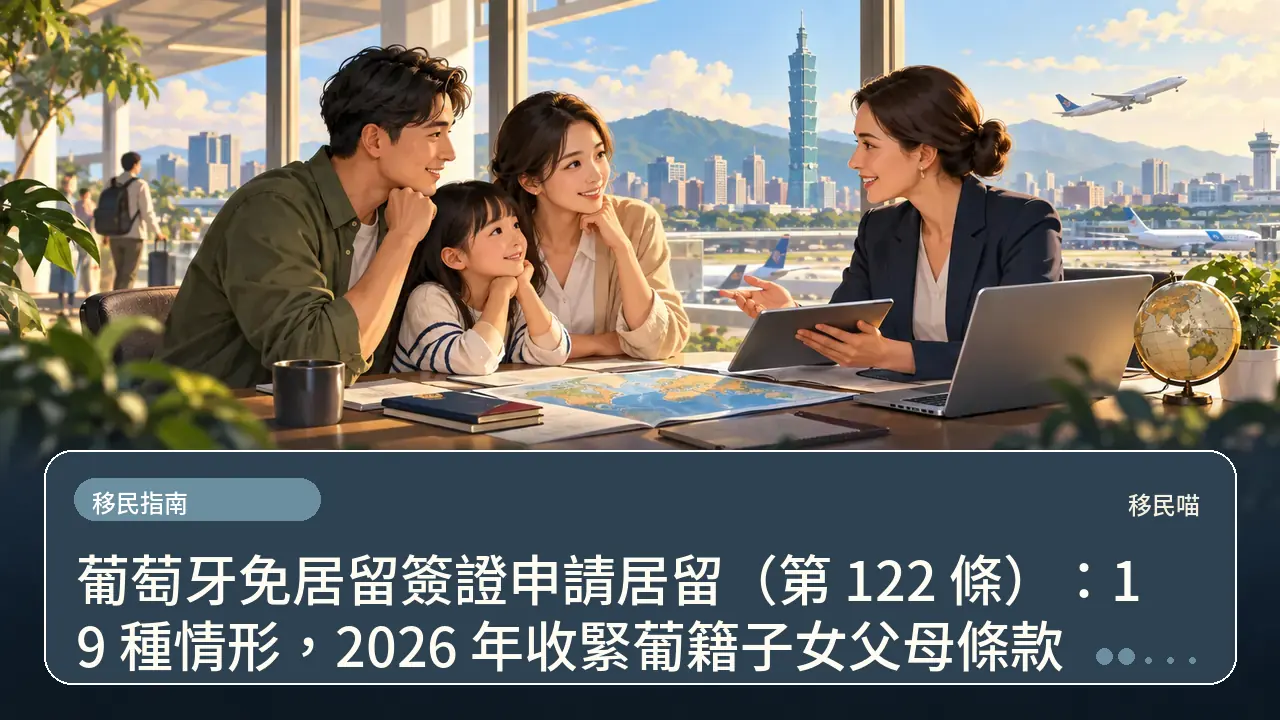葡萄牙免居留簽證申請居留(第 122 條):19 種情形,2026 年收緊葡籍子女父母條款主題插畫