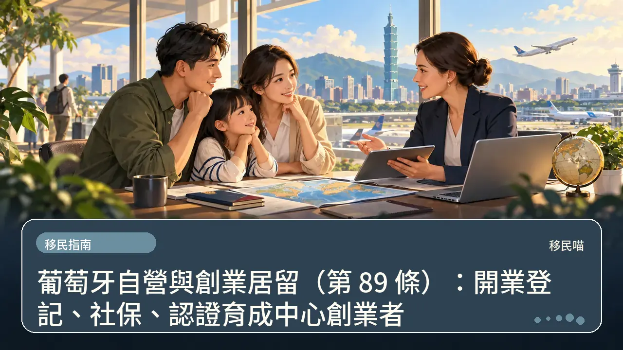 葡萄牙自營與創業居留(第 89 條):開業登記、社保、認證育成中心創業者主題插畫