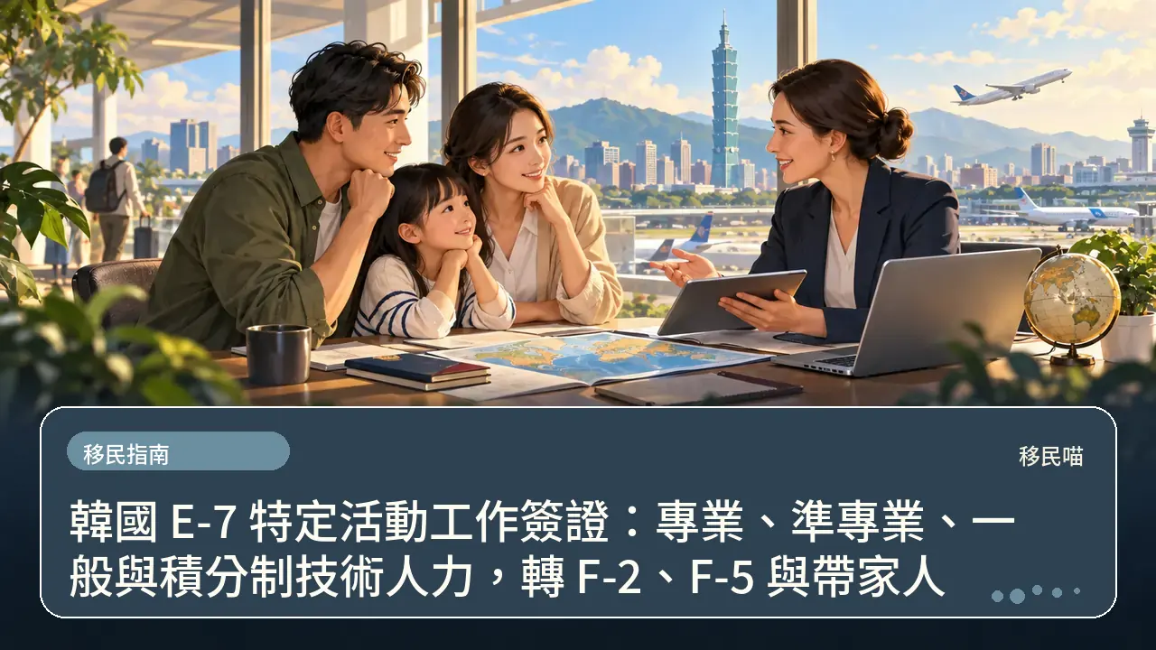 韓國 E-7 特定活動工作簽證：專業、準專業、一般與積分制技術人力，轉 F-2、F-5 與帶家人主題插畫