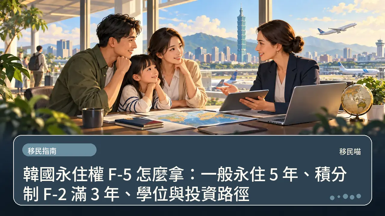 韓國永住權 F-5 怎麼拿:一般永住 5 年、積分制 F-2 滿 3 年、學位與投資路徑主題插畫