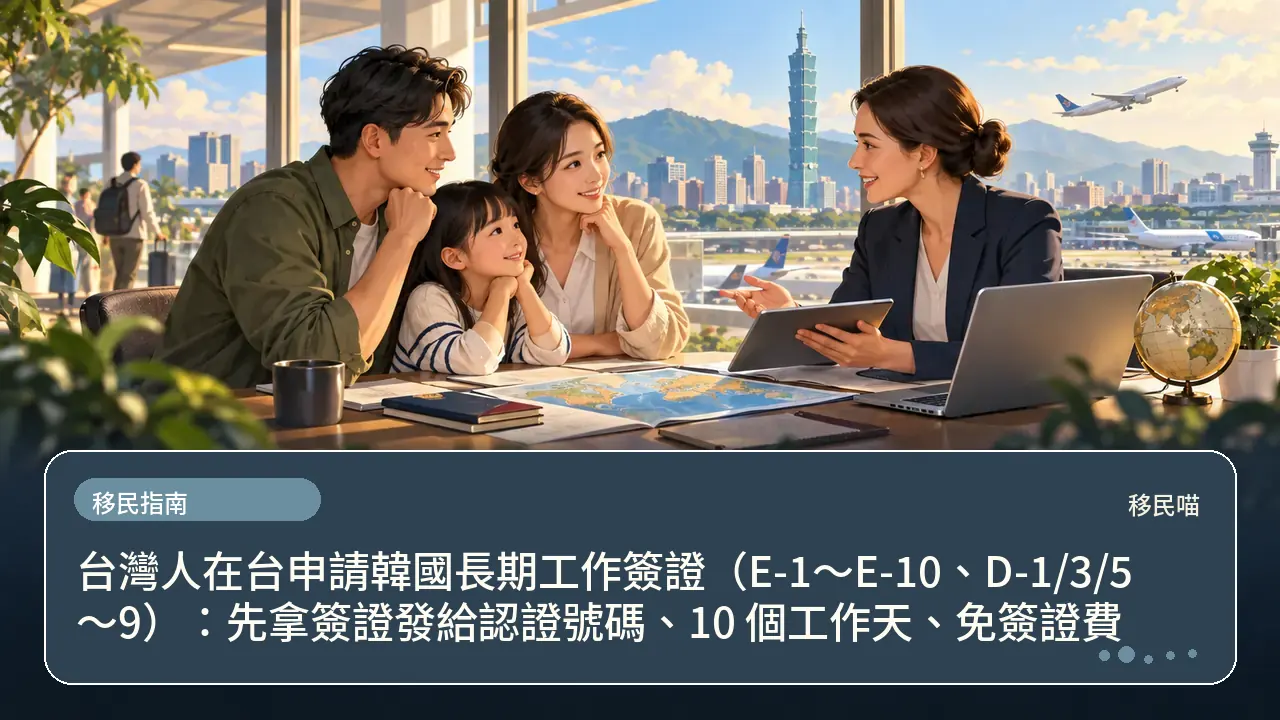 台灣人在台申請韓國長期工作簽證(E-1~E-10、D-1/3/5~9):先拿簽證發給認證號碼、10 個工作天、免簽證費主題插畫