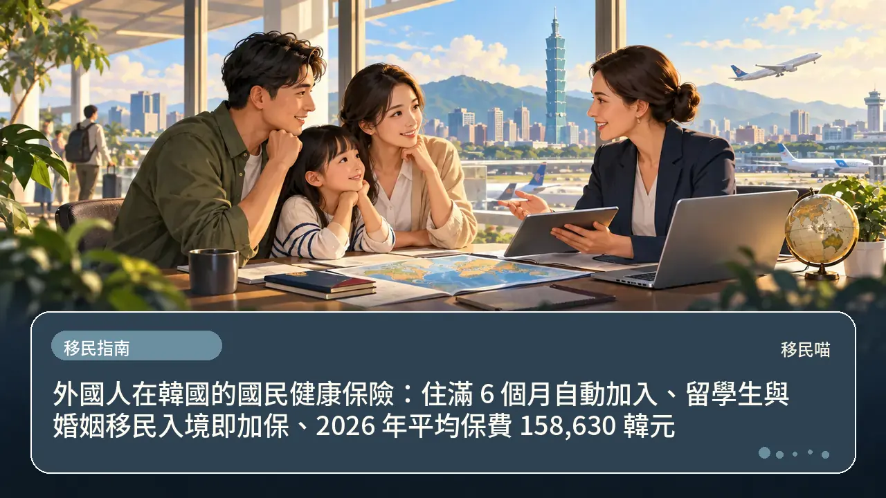 外國人在韓國的國民健康保險：住滿 6 個月自動加入、留學生與婚姻移民入境即加保、2026 年平均保費 158,630 韓元主題插畫