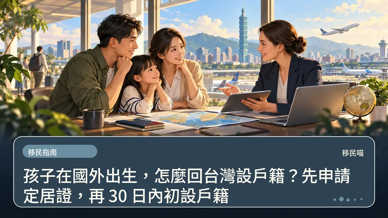 孩子在國外出生，怎麼回台灣設戶籍？先申請定居證，再 30 日內初設戶籍主題插畫