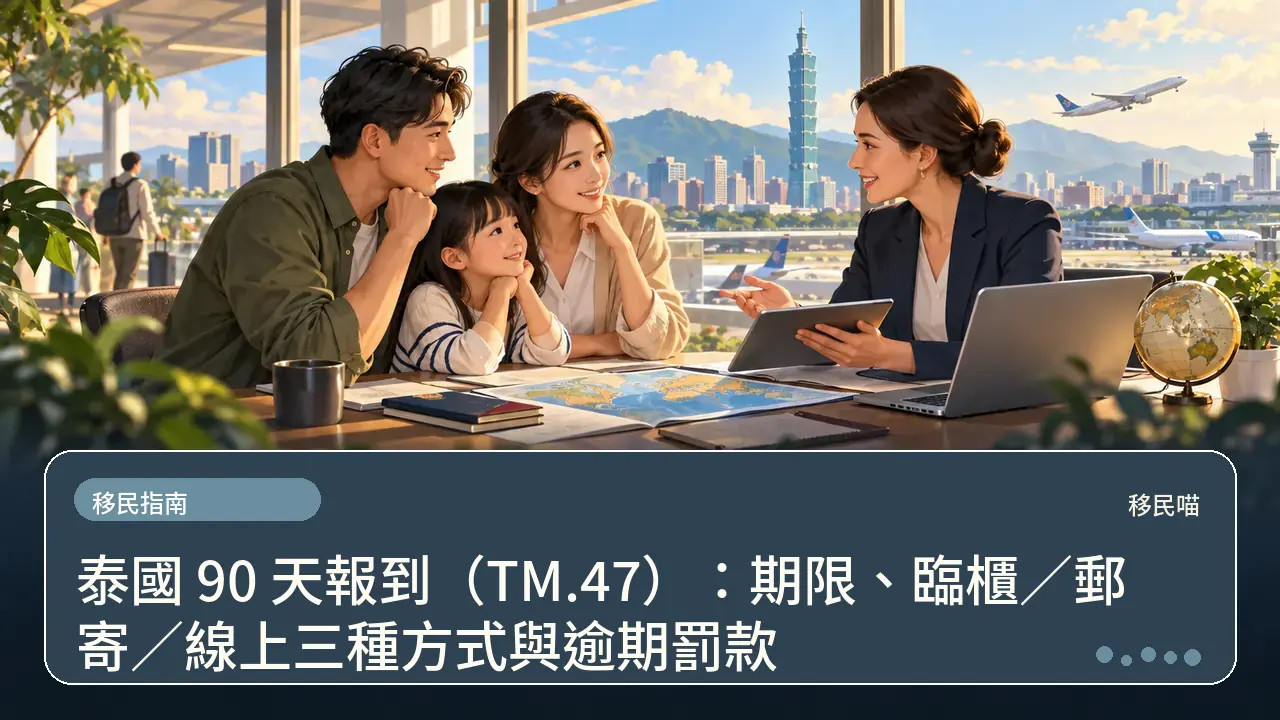 泰國 90 天報到（TM.47）：期限、臨櫃／郵寄／線上三種方式與逾期罰款主題插畫