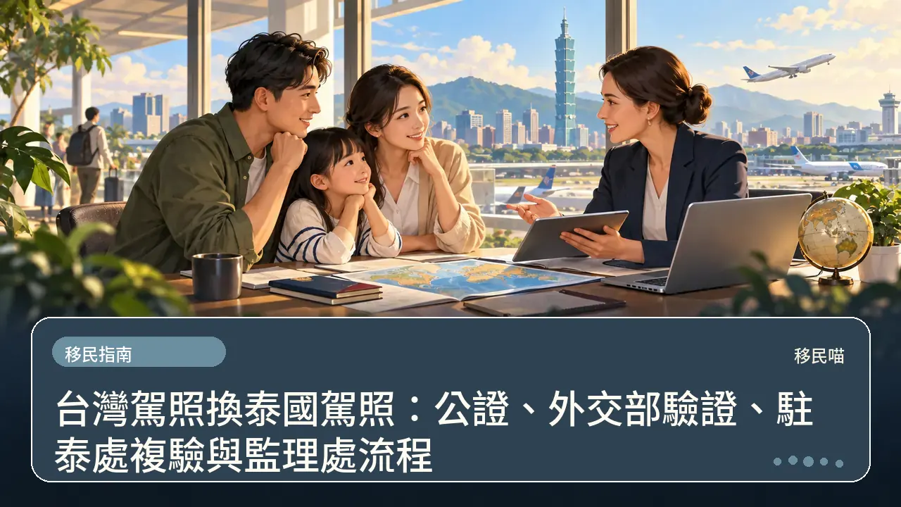 台灣駕照換泰國駕照:公證、外交部驗證、駐泰處複驗與監理處流程主題插畫