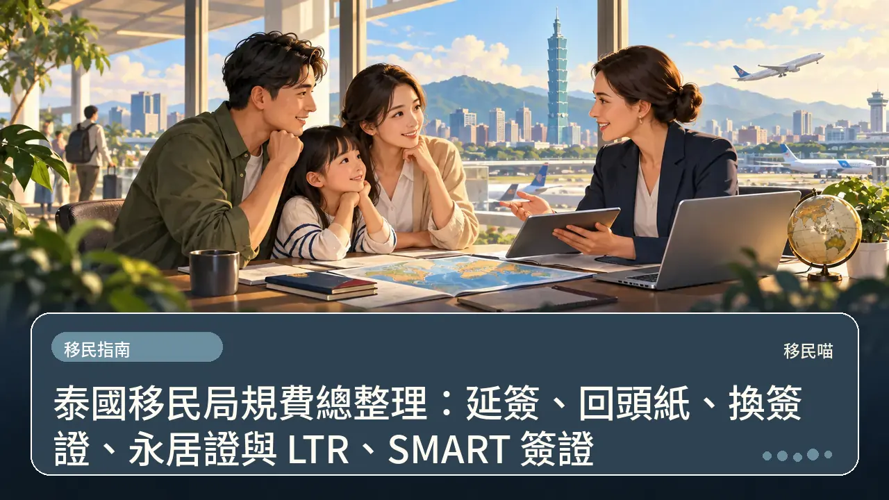 泰國移民局規費總整理：延簽、回頭紙、換簽證、永居證與 LTR、SMART 簽證主題插畫