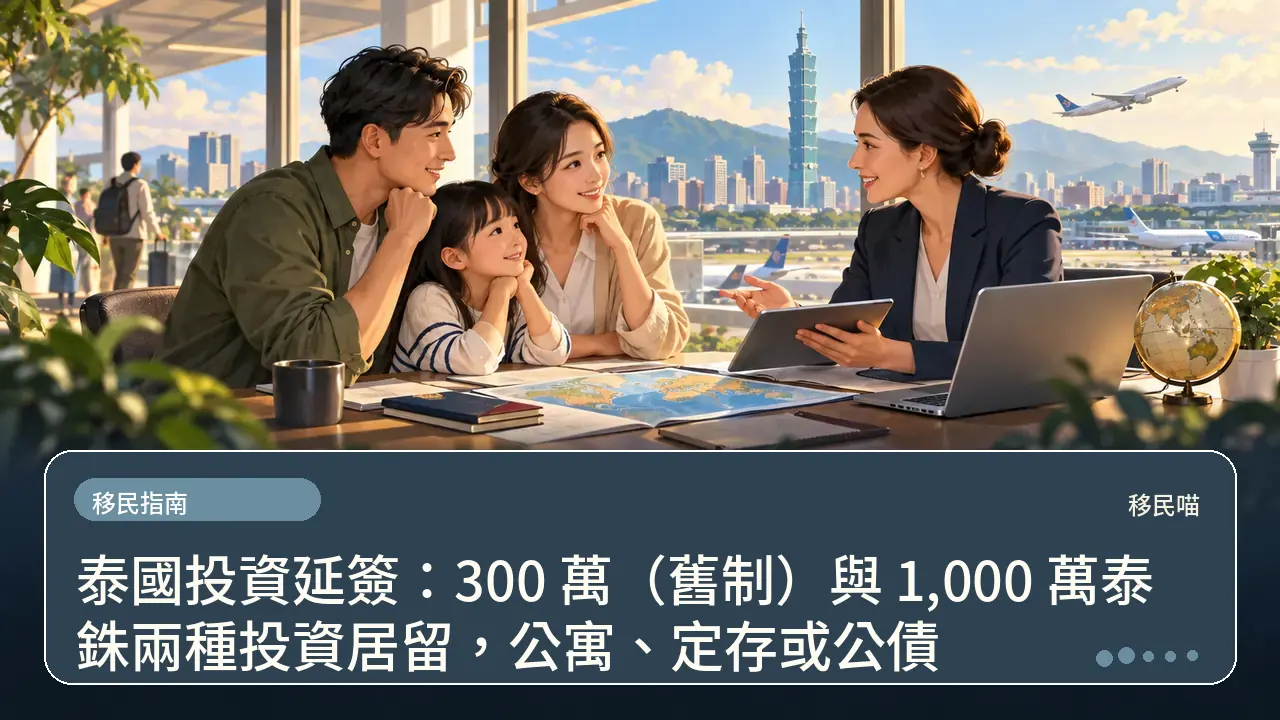 泰國投資延簽：300 萬（舊制）與 1,000 萬泰銖兩種投資居留，公寓、定存或公債主題插畫