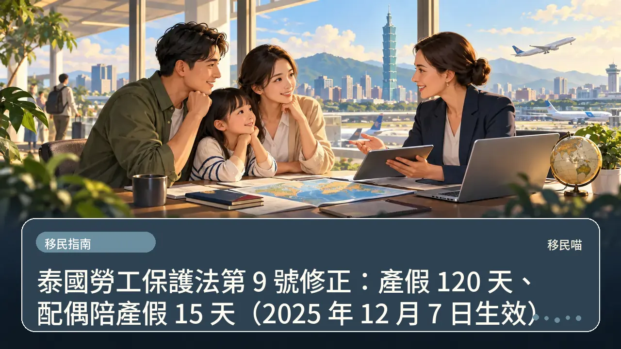 泰國勞工保護法第 9 號修正：產假 120 天、配偶陪產假 15 天（2025 年 12 月 7 日生效）主題插畫