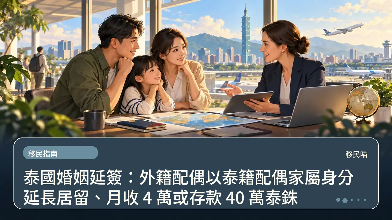 泰國婚姻延簽：外籍配偶以泰籍配偶家屬身分延長居留、月收 4 萬或存款 40 萬泰銖主題插畫
