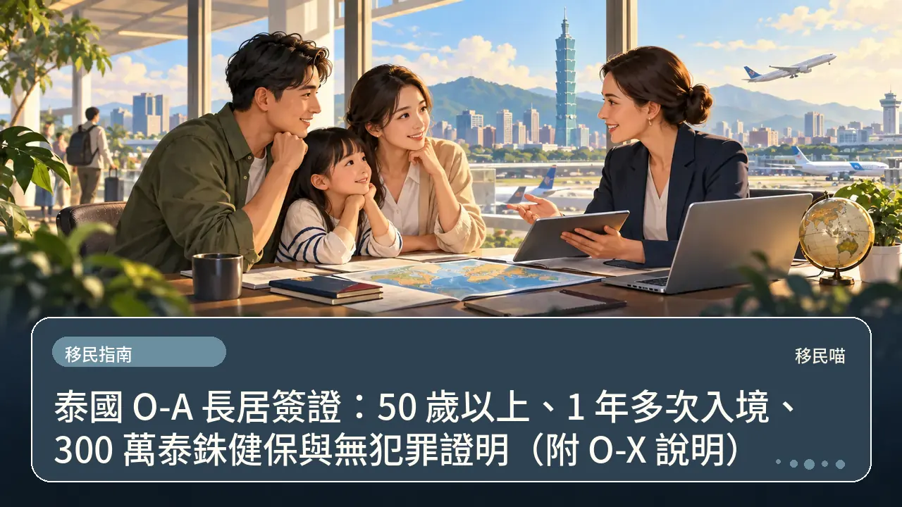 泰國 O-A 長居簽證:50 歲以上、1 年多次入境、300 萬泰銖健保與無犯罪證明(附 O-X 說明)主題插畫