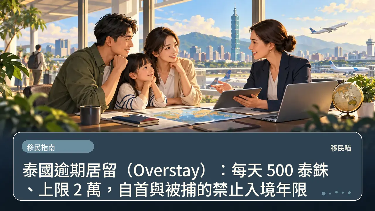 泰國逾期居留（Overstay）：每天 500 泰銖、上限 2 萬，自首與被捕的禁止入境年限主題插畫
