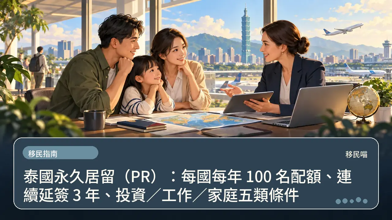 泰國永久居留（PR）：每國每年 100 名配額、連續延簽 3 年、投資／工作／家庭五類條件主題插畫