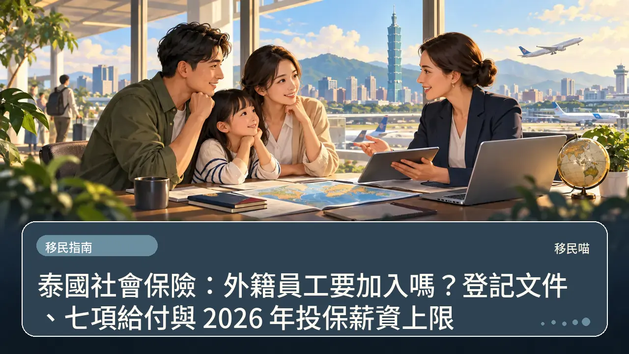 泰國社會保險:外籍員工要加入嗎?登記文件、七項給付與 2026 年投保薪資上限主題插畫