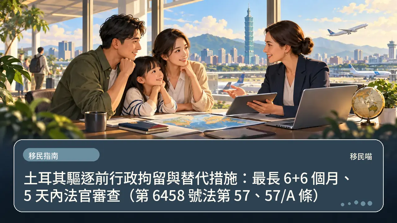 土耳其驅逐前行政拘留與替代措施:最長 6+6 個月、5 天內法官審查(第 6458 號法第 57、57/A 條)主題插畫