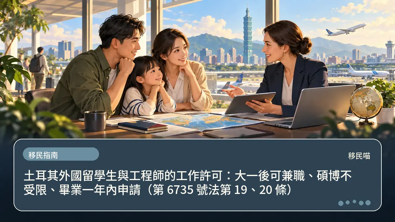 土耳其外國留學生與工程師的工作許可：大一後可兼職、碩博不受限、畢業一年內申請（第 6735 號法第 19、20 條）主題插畫