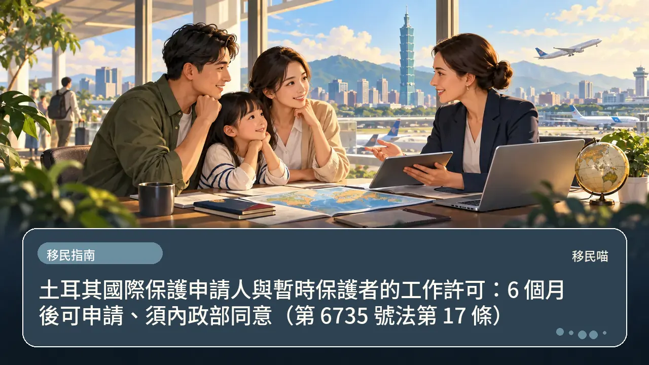 土耳其國際保護申請人與暫時保護者的工作許可:6 個月後可申請、須內政部同意(第 6735 號法第 17 條)主題插畫