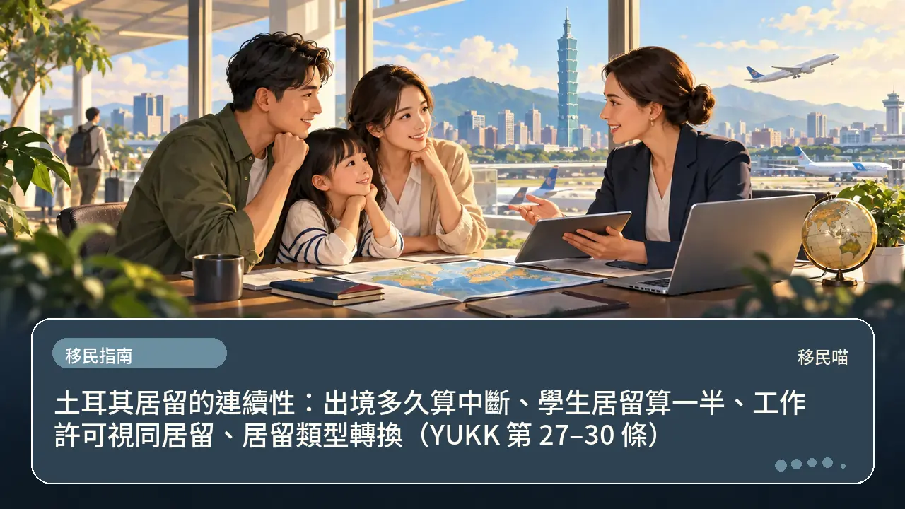 土耳其居留的連續性：出境多久算中斷、學生居留算一半、工作許可視同居留、居留類型轉換（YUKK 第 27–30 條）主題插畫