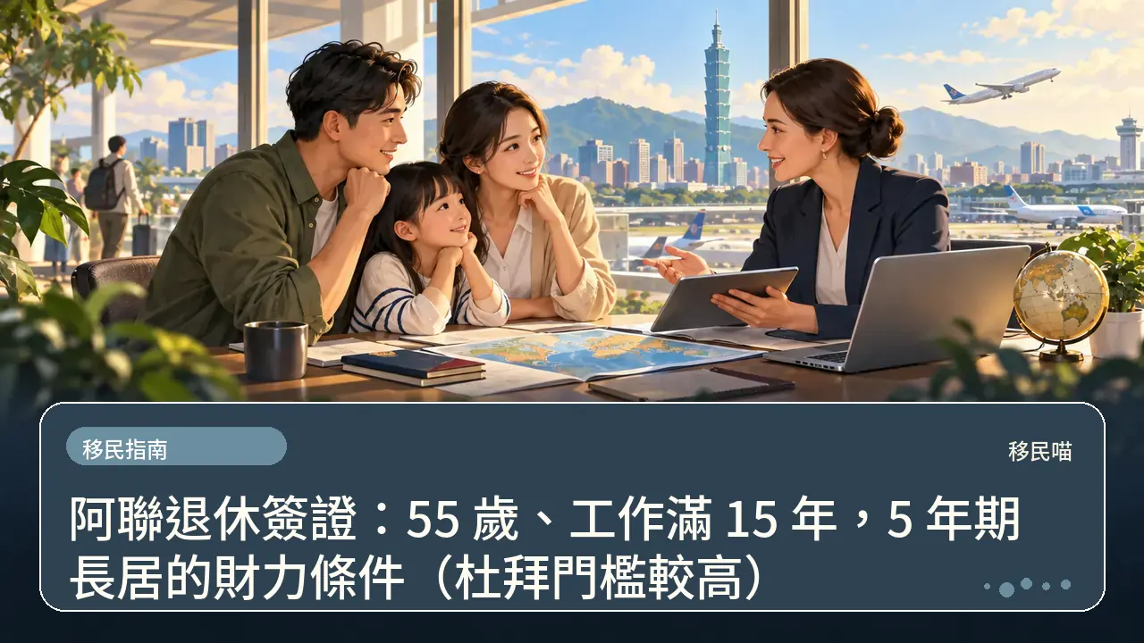 阿聯退休簽證：55 歲、工作滿 15 年，5 年期長居的財力條件（杜拜門檻較高）主題插畫