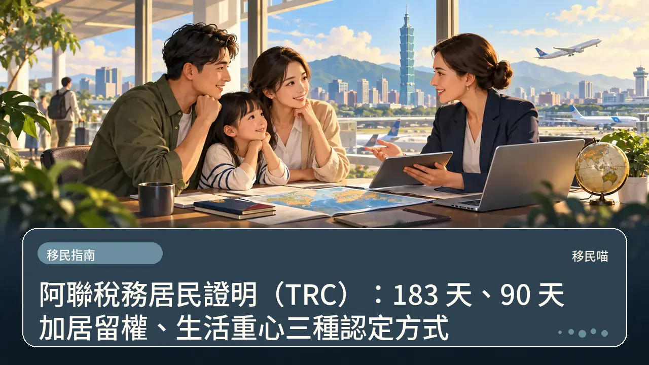 阿聯稅務居民證明（TRC）：183 天、90 天加居留權、生活重心三種認定方式主題插畫
