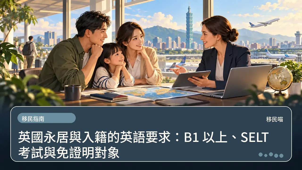 英國永居與入籍的英語要求：B1 以上、SELT 考試與免證明對象主題插畫