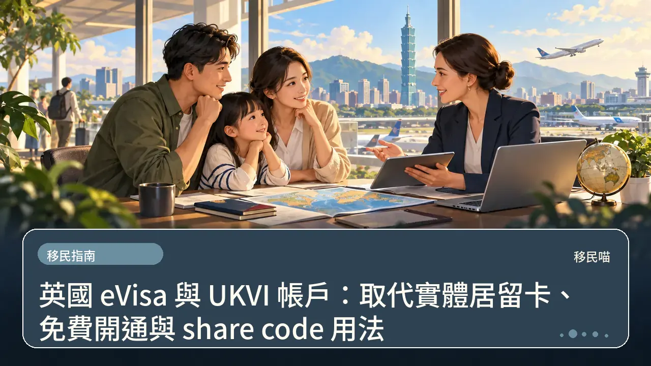 英國 eVisa 與 UKVI 帳戶:取代實體居留卡、免費開通與 share code 用法主題插畫