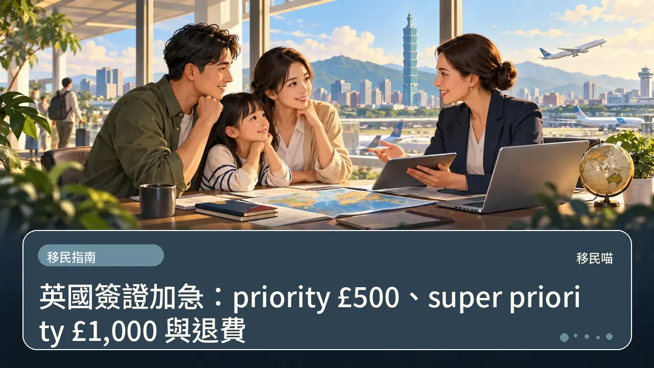 英國簽證加急：priority £500、super priority £1,000 與退費主題插畫
