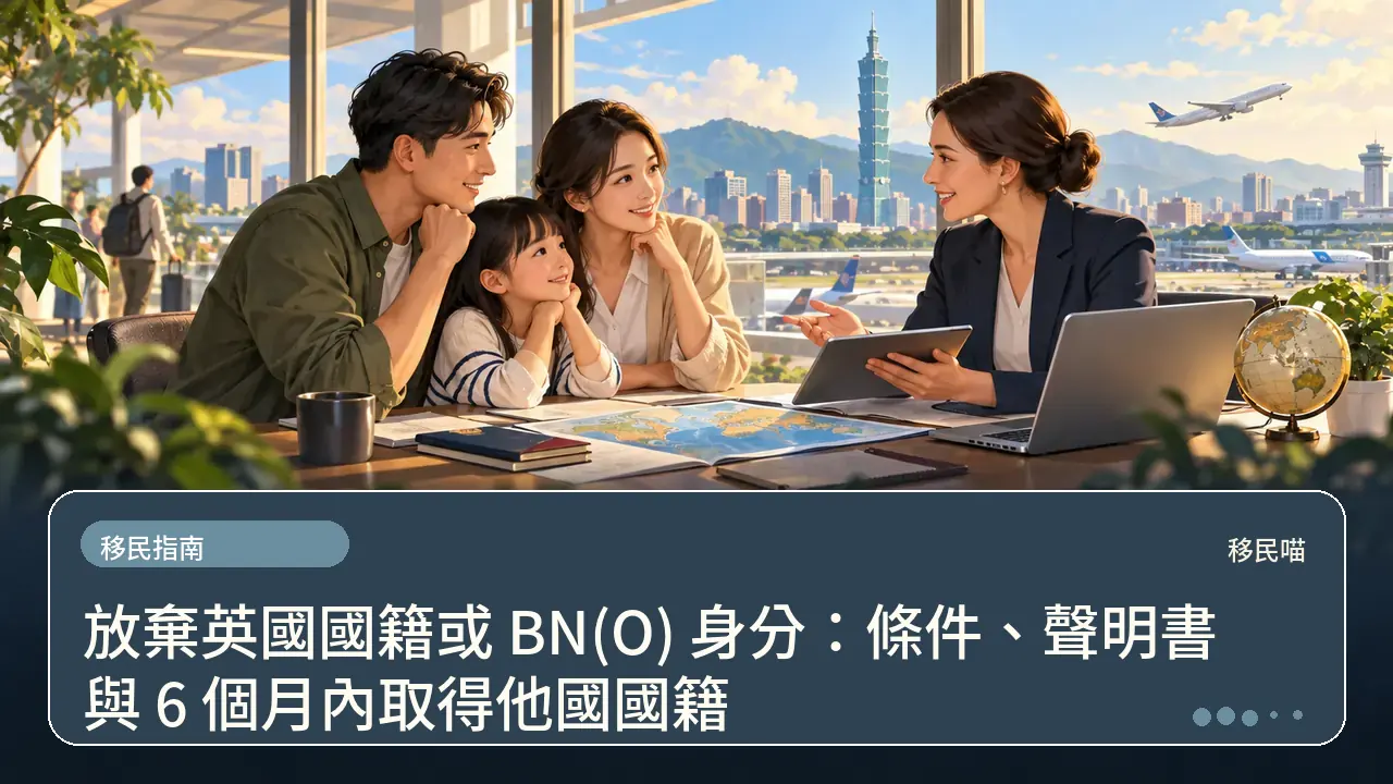 放棄英國國籍或 BN(O) 身分：條件、聲明書與 6 個月內取得他國國籍主題插畫