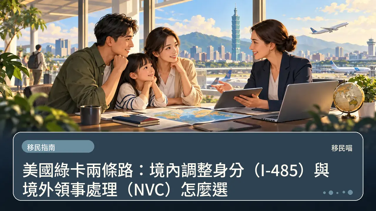 美國綠卡兩條路:境內調整身分(I-485)與境外領事處理(NVC)怎麼選主題插畫