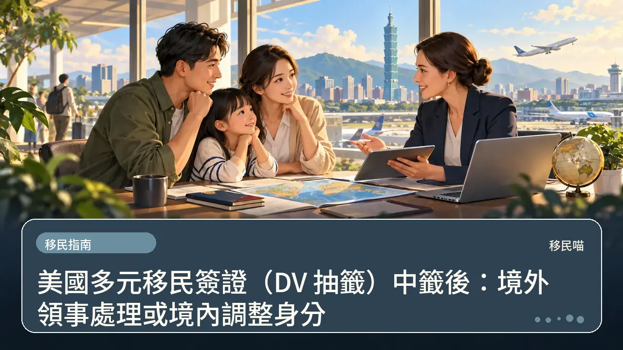 美國多元移民簽證(DV 抽籤)中籤後:境外領事處理或境內調整身分主題插畫