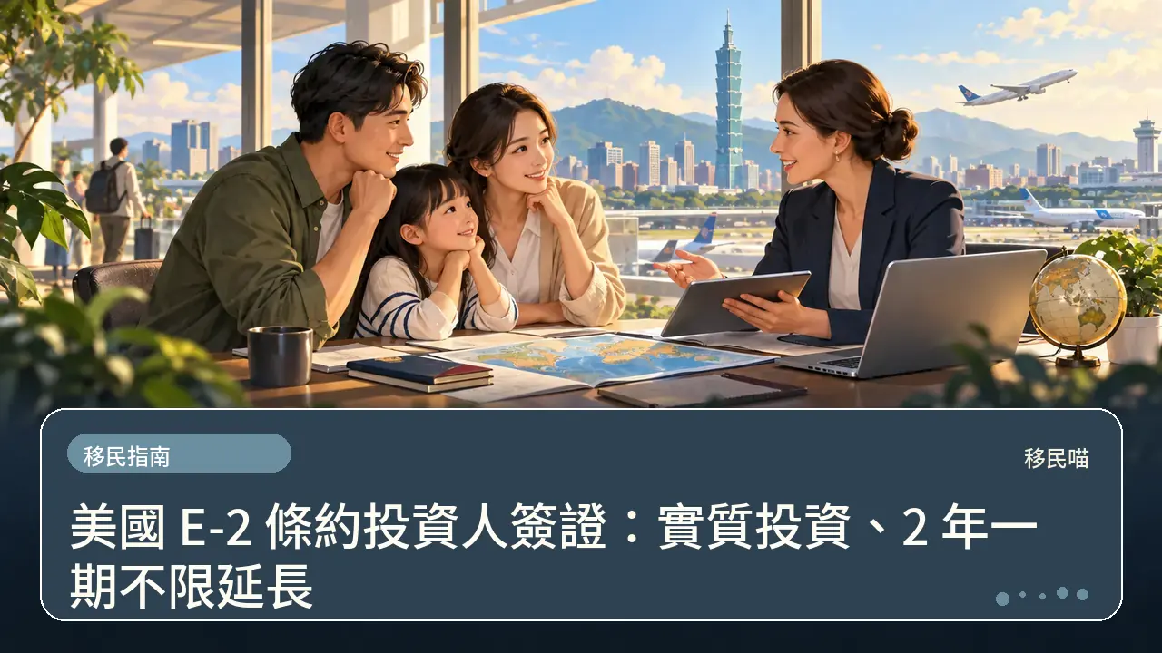美國 E-2 條約投資人簽證：實質投資、2 年一期不限延長主題插畫