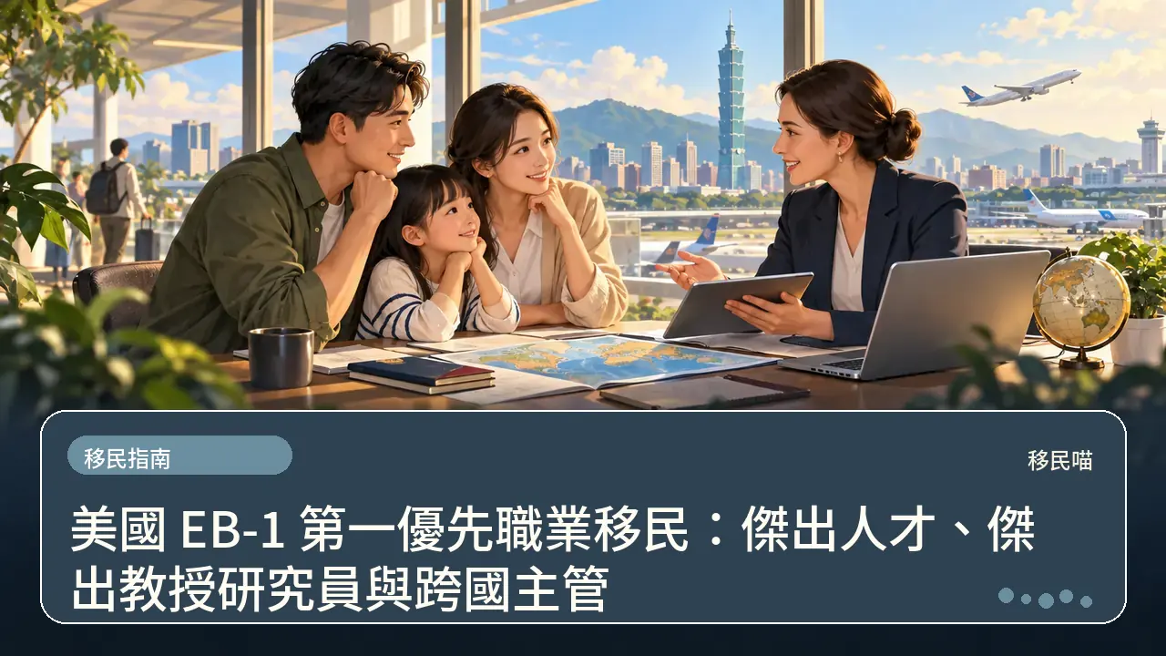 美國 EB-1 第一優先職業移民：傑出人才、傑出教授研究員與跨國主管主題插畫