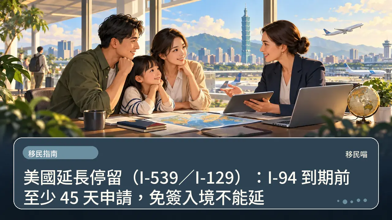 美國延長停留(I-539/I-129):I-94 到期前至少 45 天申請,免簽入境不能延主題插畫