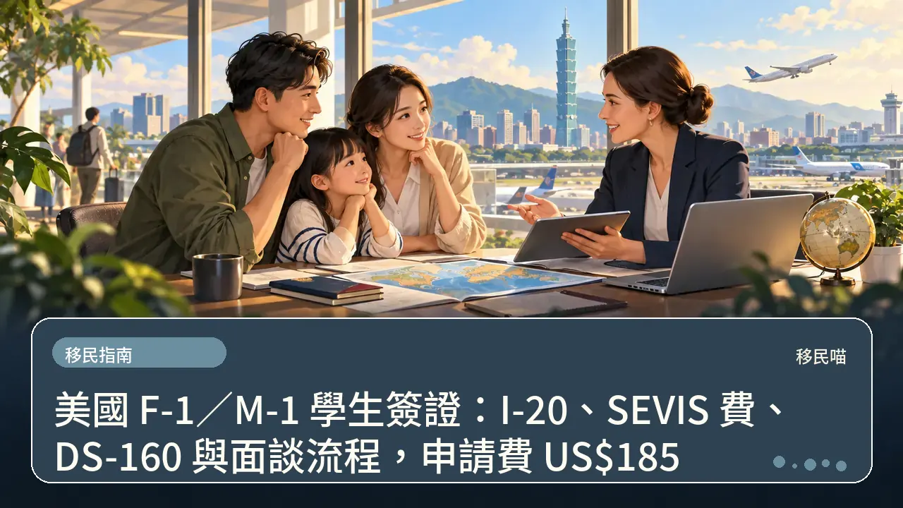 美國 F-1/M-1 學生簽證:I-20、SEVIS 費、DS-160 與面談流程,申請費 US$185主題插畫