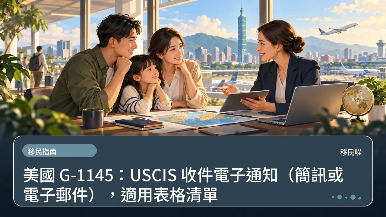 美國 G-1145：USCIS 收件電子通知（簡訊或電子郵件），適用表格清單主題插畫