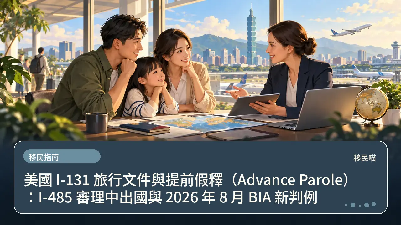 美國 I-131 旅行文件與提前假釋（Advance Parole）：I-485 審理中出國與 2026 年 8 月 BIA 新判例主題插畫