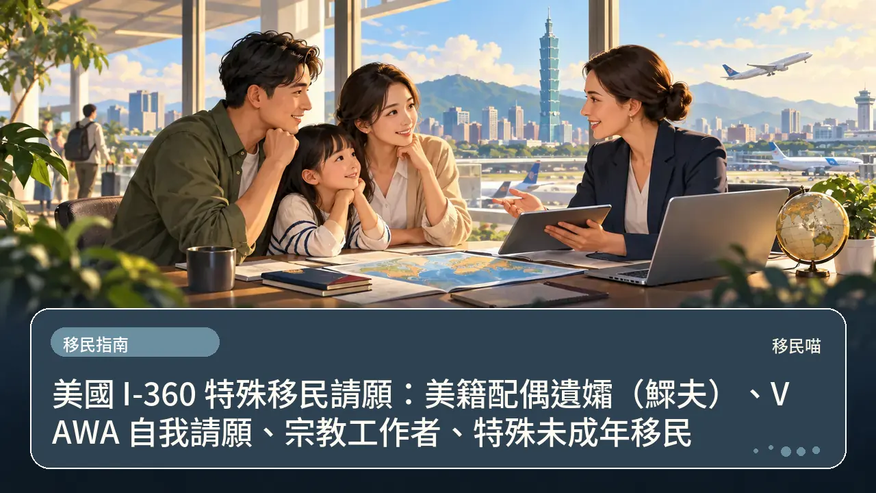 美國 I-360 特殊移民請願:美籍配偶遺孀(鰥夫)、VAWA 自我請願、宗教工作者、特殊未成年移民主題插畫