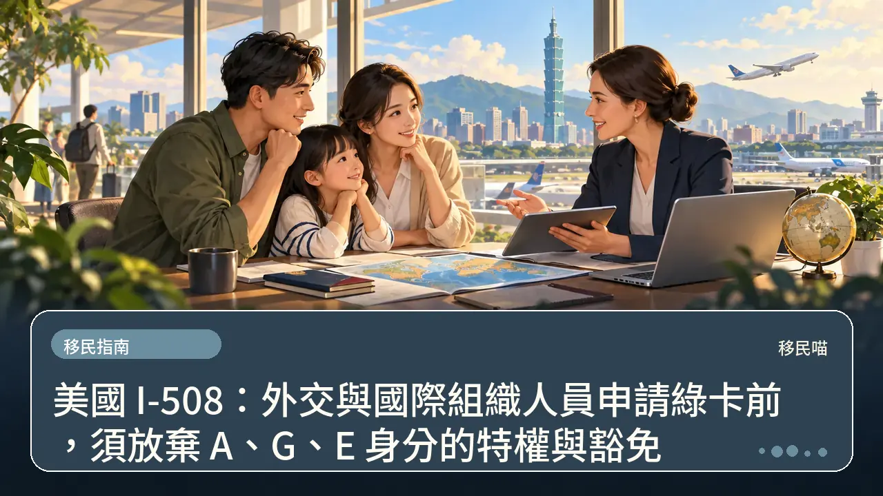 美國 I-508：外交與國際組織人員申請綠卡前，須放棄 A、G、E 身分的特權與豁免主題插畫