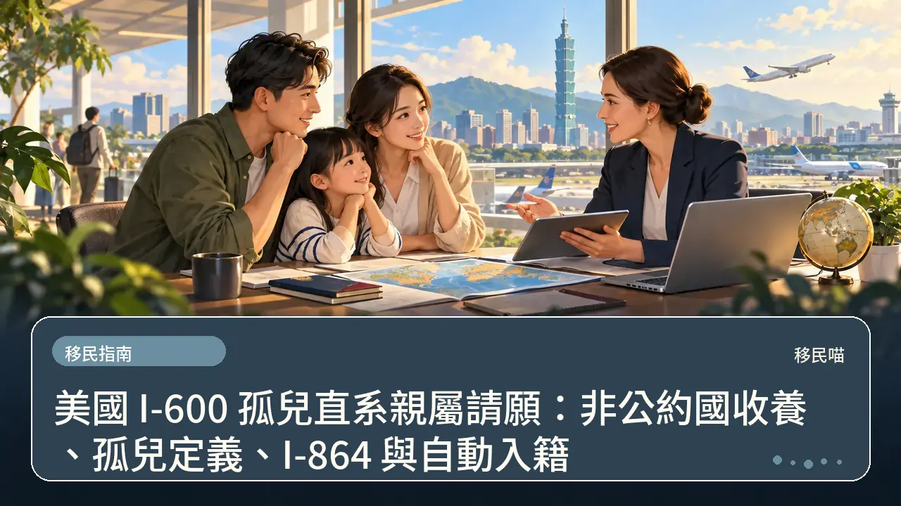 美國 I-600 孤兒直系親屬請願:非公約國收養、孤兒定義、I-864 與自動入籍主題插畫