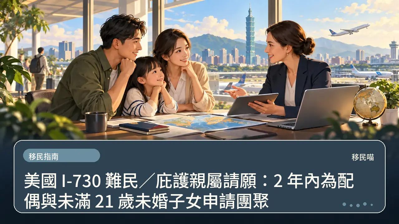 美國 I-730 難民／庇護親屬請願：2 年內為配偶與未滿 21 歲未婚子女申請團聚主題插畫