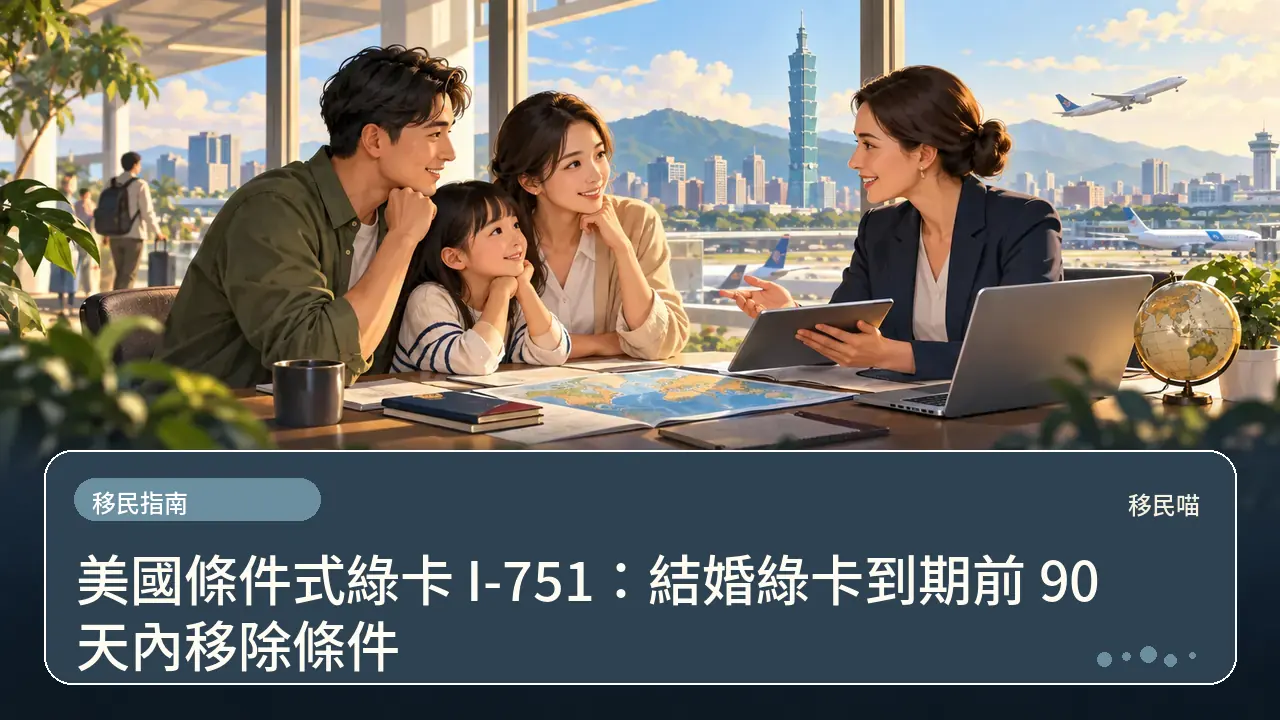 美國條件式綠卡 I-751：結婚綠卡到期前 90 天內移除條件主題插畫
