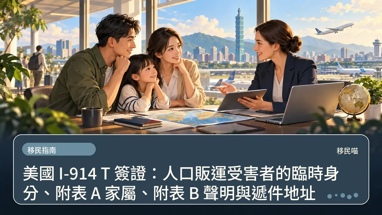 美國 I-914 T 簽證：人口販運受害者的臨時身分、附表 A 家屬、附表 B 聲明與遞件地址主題插畫