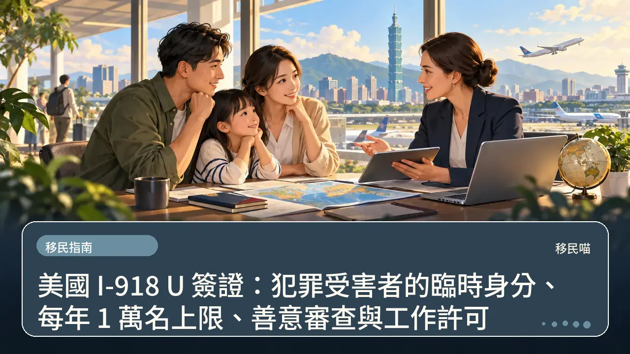 美國 I-918 U 簽證:犯罪受害者的臨時身分、每年 1 萬名上限、善意審查與工作許可主題插畫
