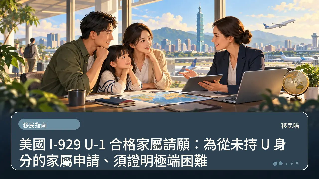 美國 I-929 U-1 合格家屬請願：為從未持 U 身分的家屬申請、須證明極端困難主題插畫