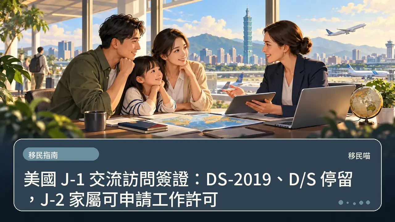 美國 J-1 交流訪問簽證：DS-2019、D/S 停留，J-2 家屬可申請工作許可主題插畫