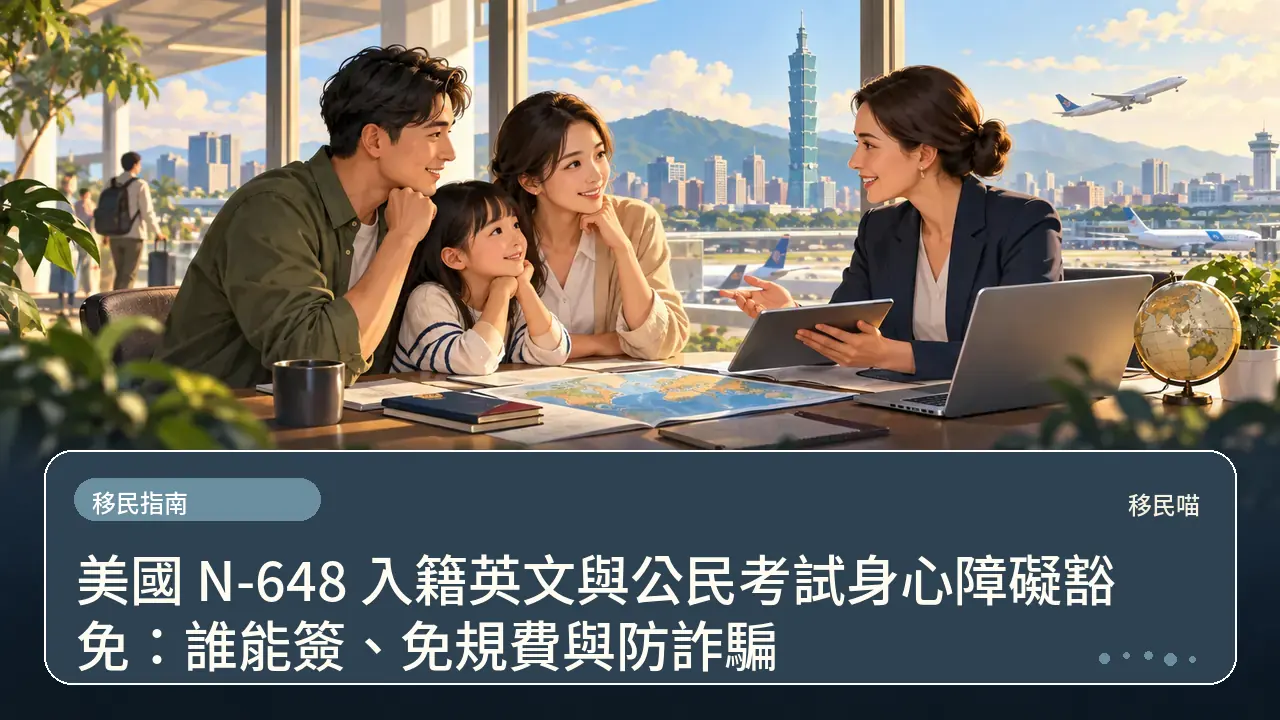 美國 N-648 入籍英文與公民考試身心障礙豁免：誰能簽、免規費與防詐騙主題插畫