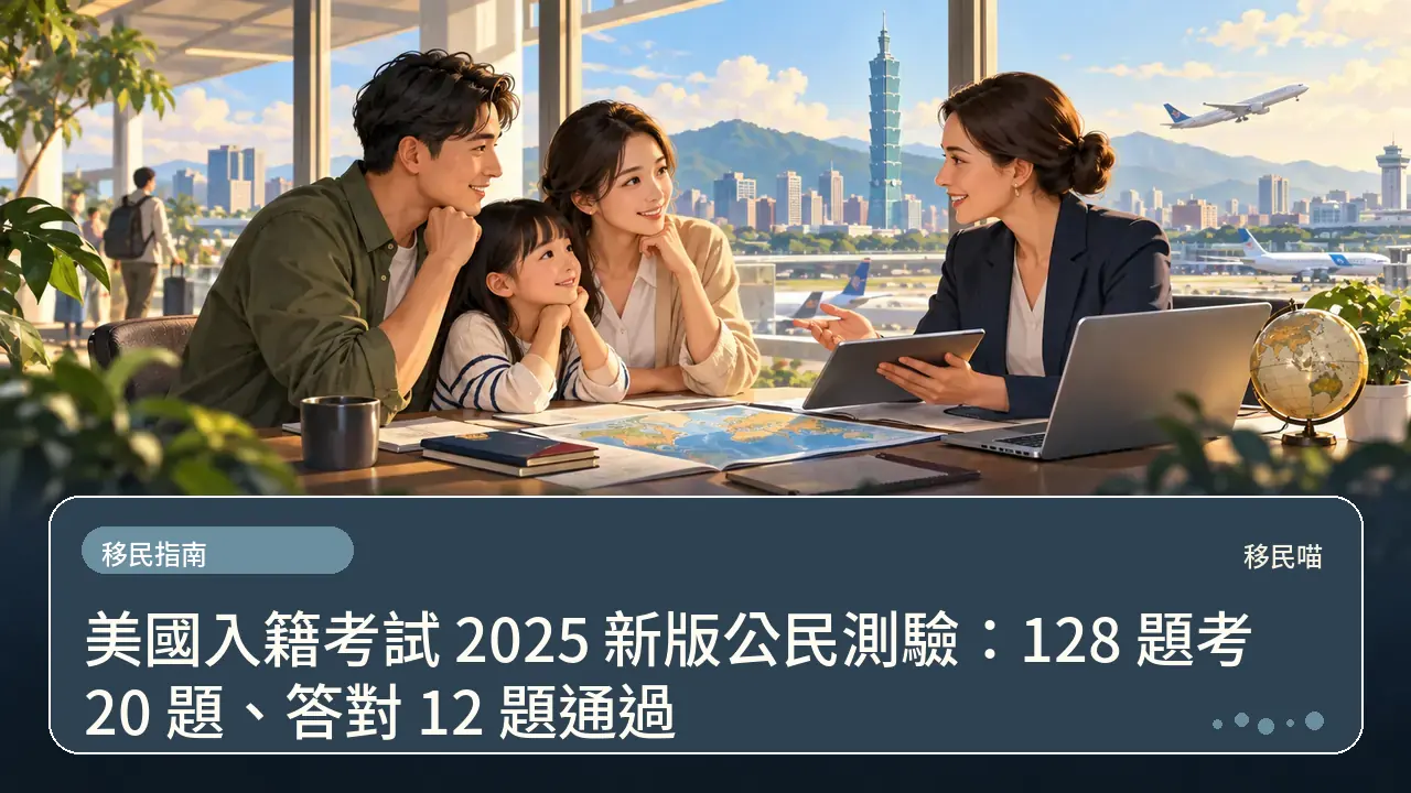 美國入籍考試 2025 新版公民測驗:128 題考 20 題、答對 12 題通過主題插畫