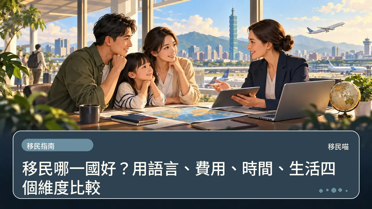 移民哪一國好？用語言、費用、時間、生活四個維度比較主題插畫